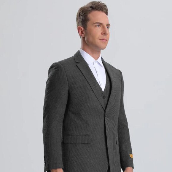 Mens Vested Summer Seersucker Suit in Black on Black Pinstripe - Picture 1 of 2